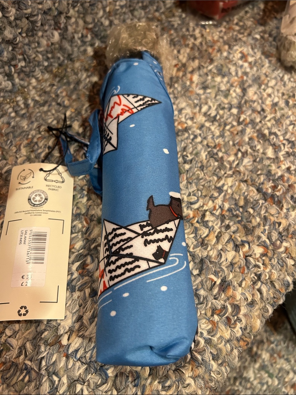 RADLEY LONDON Light Blue Novelty Paper Boat Print Folding Umbrella